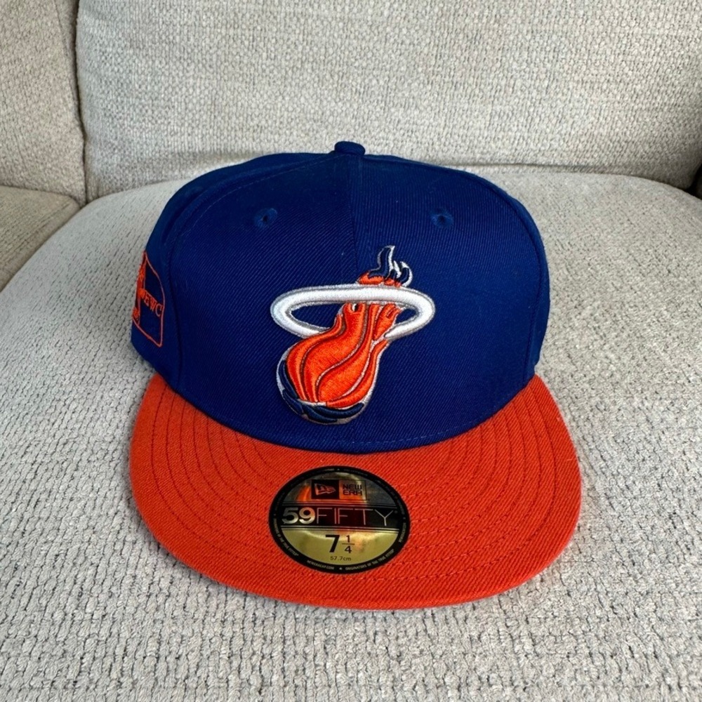 New Era 59FIFTY Miami Heat Hardwood Classics Fitted Hat Blue Orange Size 7 1/4